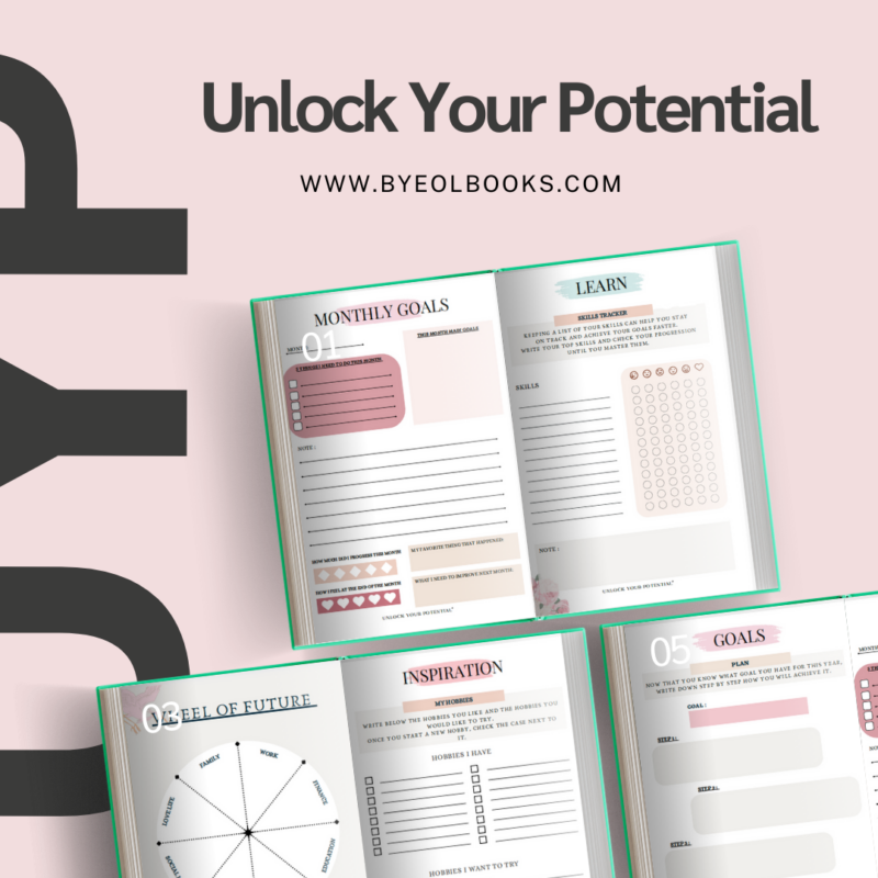 planner rose version unlock ton potentiel competences, objectifs du mois, roue de la vie